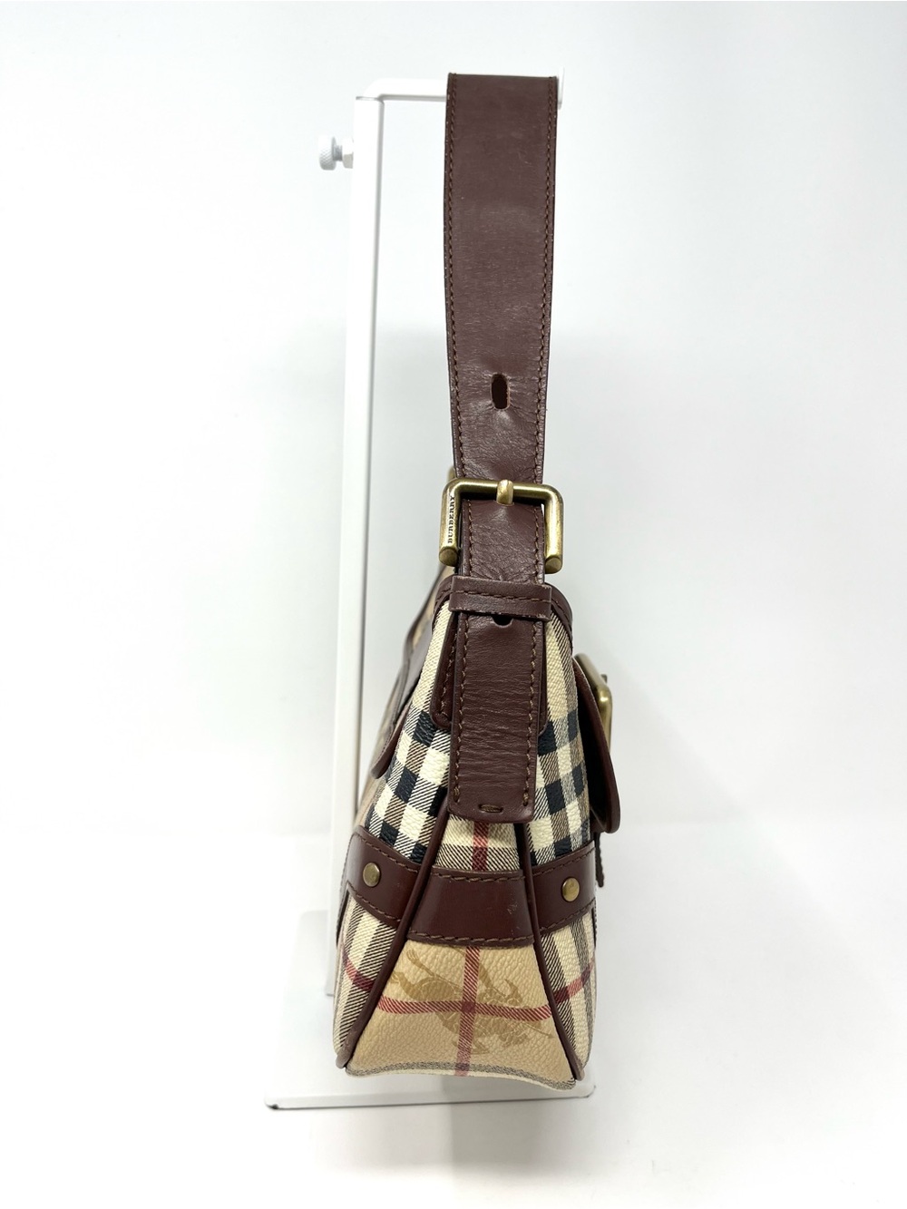 Vintage Vtg Burberry Y2K Haymarket Check Mini Shoulder Bag Beige Brown Leather - Picture 5 of 14
